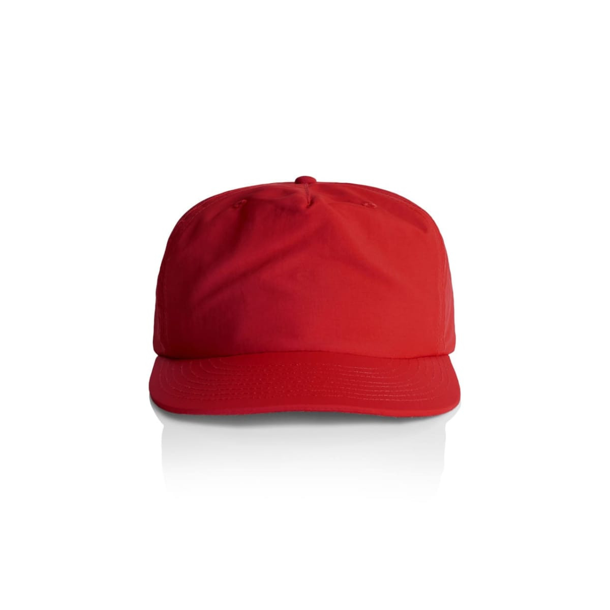A red cap with a curved brim and a logo on the front. The cap features a structured design.