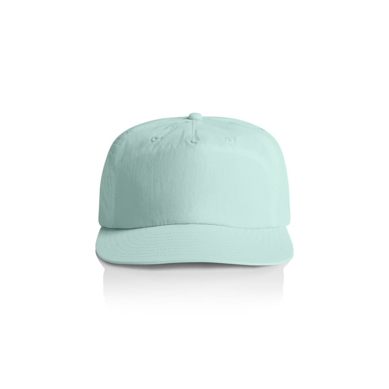 A mint green cap with a rounded brim and an adjustable strap at the back. Features a logo on the front. A mint green cap with a rounded brim and an adjustable strap at the back. Features a logo on the front.