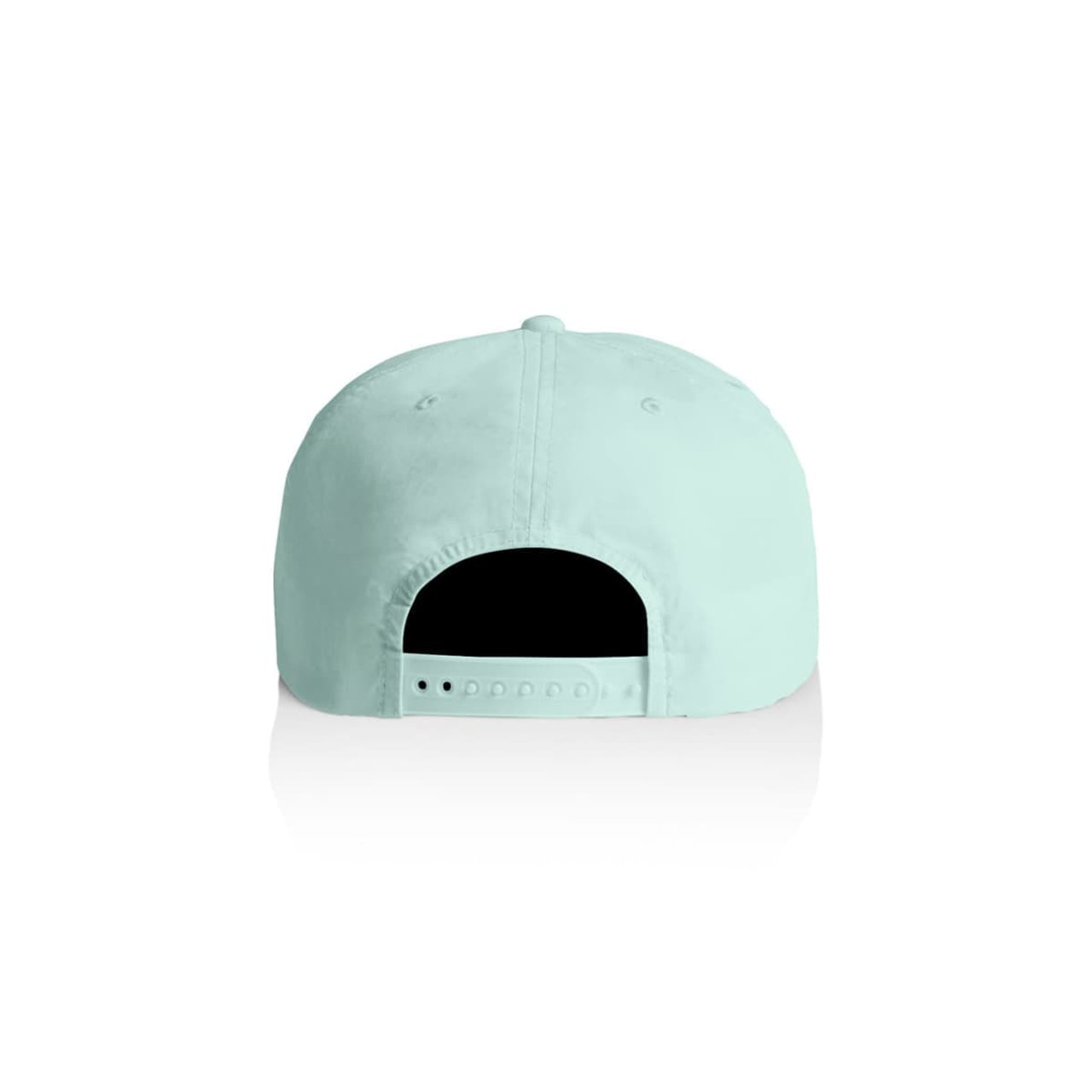 A mint green cap featuring an adjustable strap at the back and a logo on the side. A mint green cap featuring an adjustable strap at the back and a logo on the side.