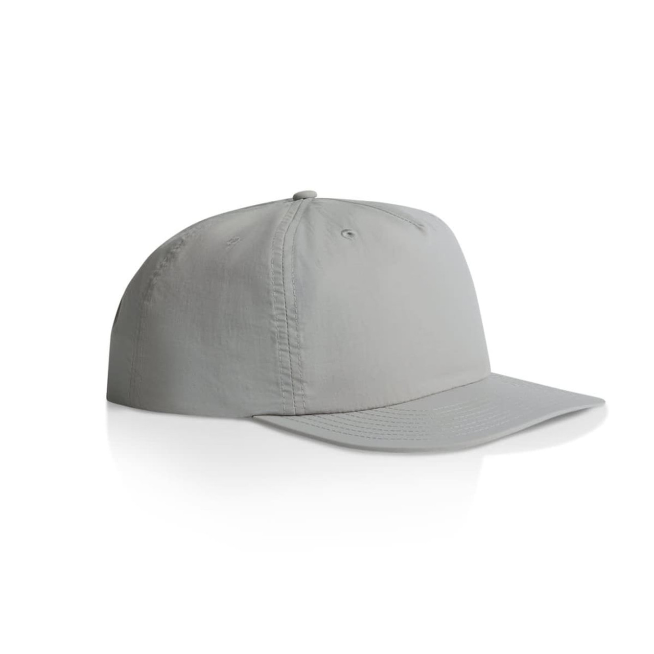 A light grey cap with a rounded crown, featuring a curved peak and a branding logo. A light grey cap with a rounded crown, featuring a curved peak and a branding logo.