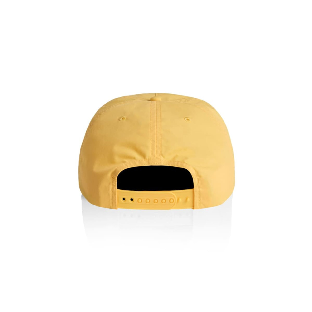 A yellow cap with a snapback closure and a plain black interior, featuring a logo on the back. A yellow cap with a snapback closure and a plain black interior, featuring a logo on the back.