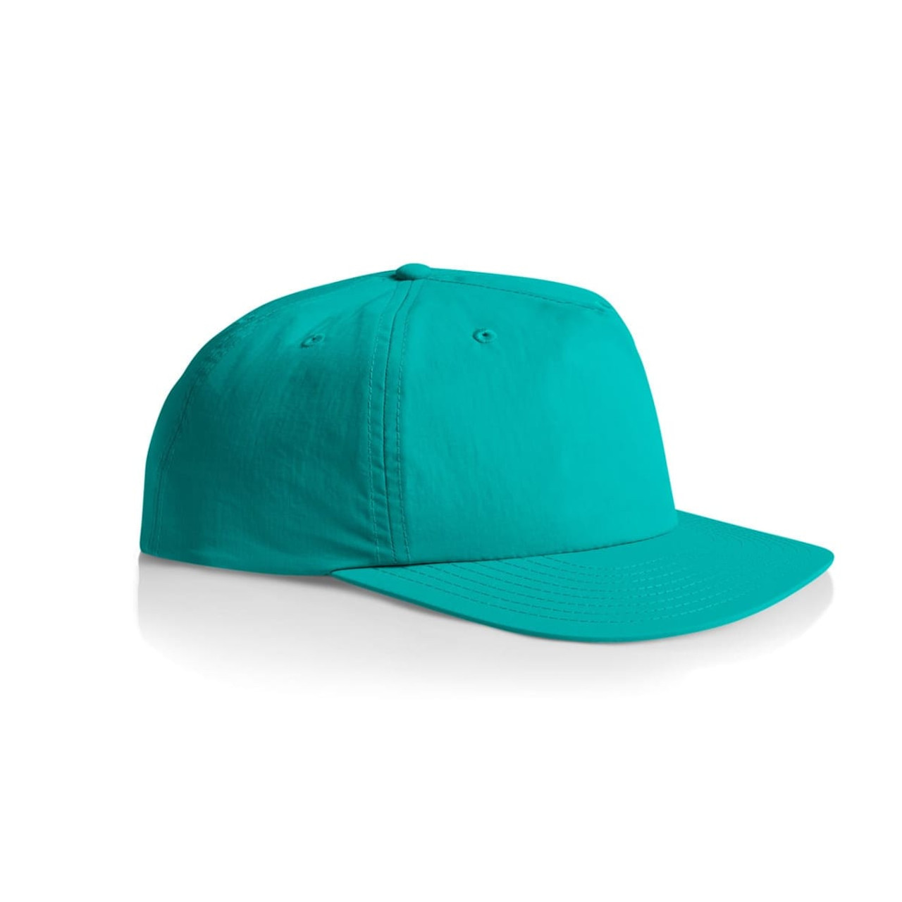 A turquoise cap with a flat brim and a logo on the front, featuring a structured design. A turquoise cap with a flat brim and a logo on the front, featuring a structured design.