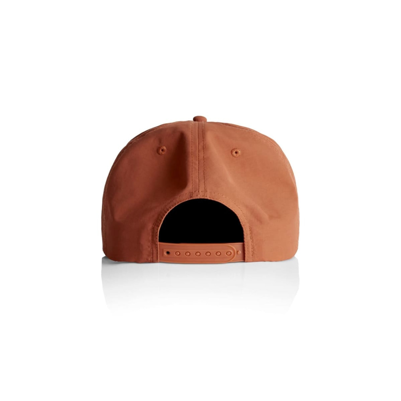 A rust-coloured cap with an adjustable strap and a logo on the back. The cap features a flat brim design. A rust-coloured cap with an adjustable strap and a logo on the back. The cap features a flat brim design.