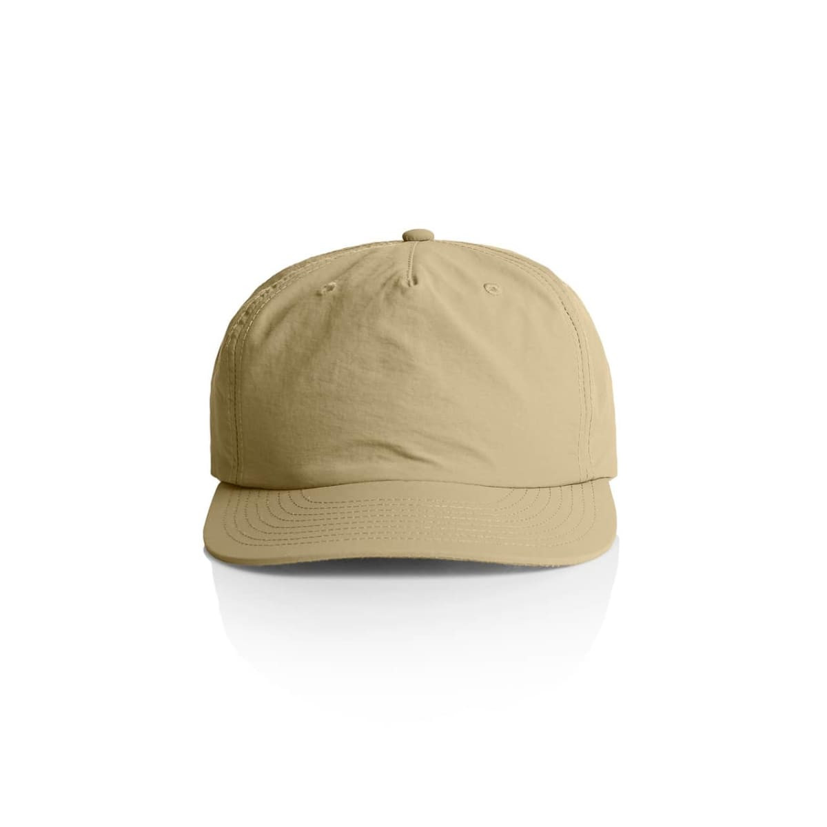 A beige cap featuring a curved brim and a back adjustable strap, with a logo on the front.