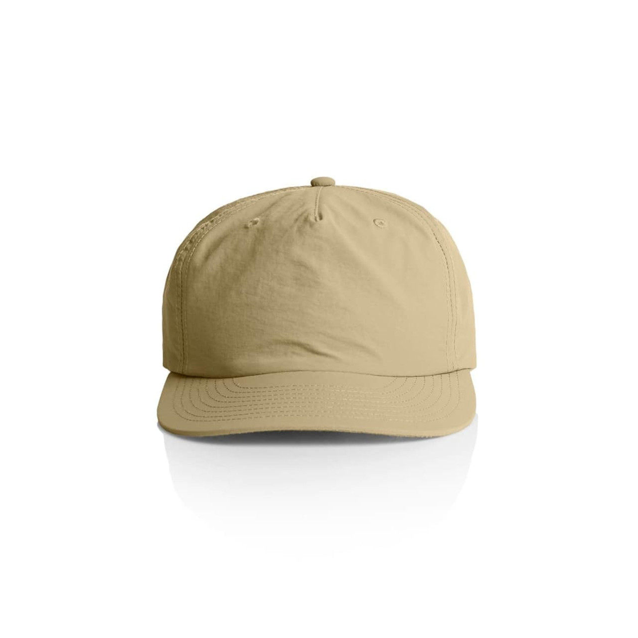 A beige cap featuring a curved brim and a back adjustable strap, with a logo on the front. A beige cap featuring a curved brim and a back adjustable strap, with a logo on the front.