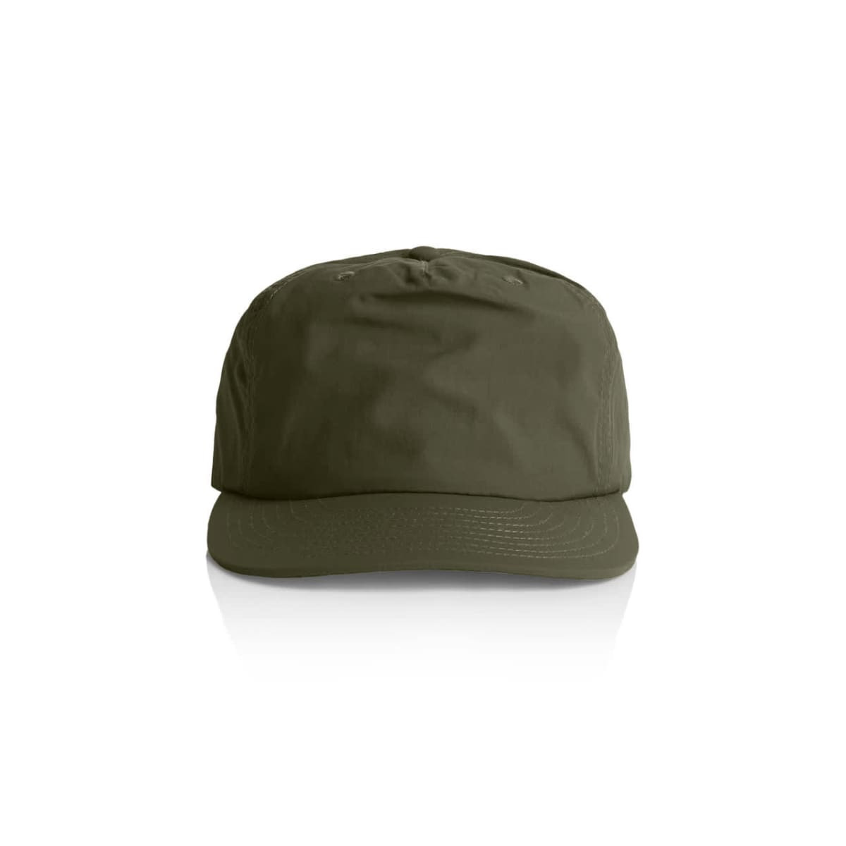 A green cap with a rounded top and a stiff brim, featuring a simple design and a logo on the front.