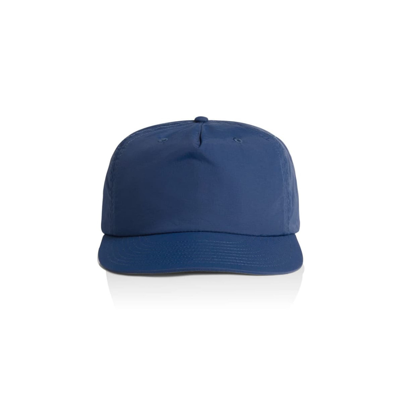 A navy blue cap with a flat peak and an adjustable strap at the back, featuring a logo. A navy blue cap with a flat peak and an adjustable strap at the back, featuring a logo.