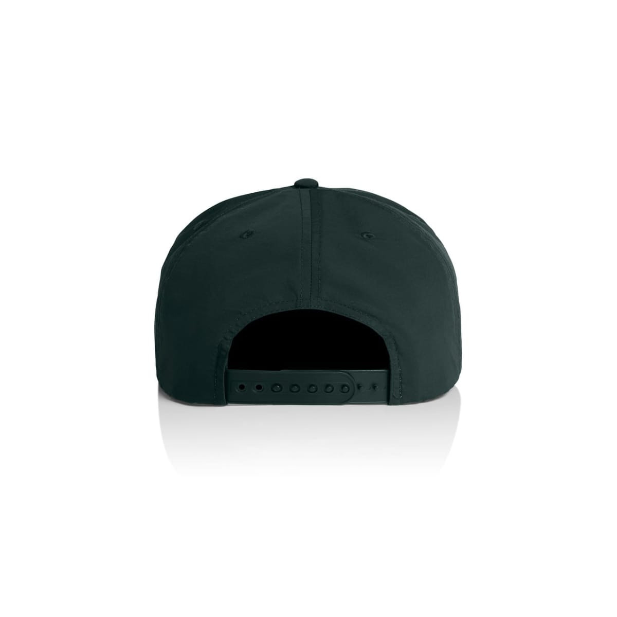 A black cap with a rear adjustable strap and a logo. The design features a smooth finish and a sporty appearance.