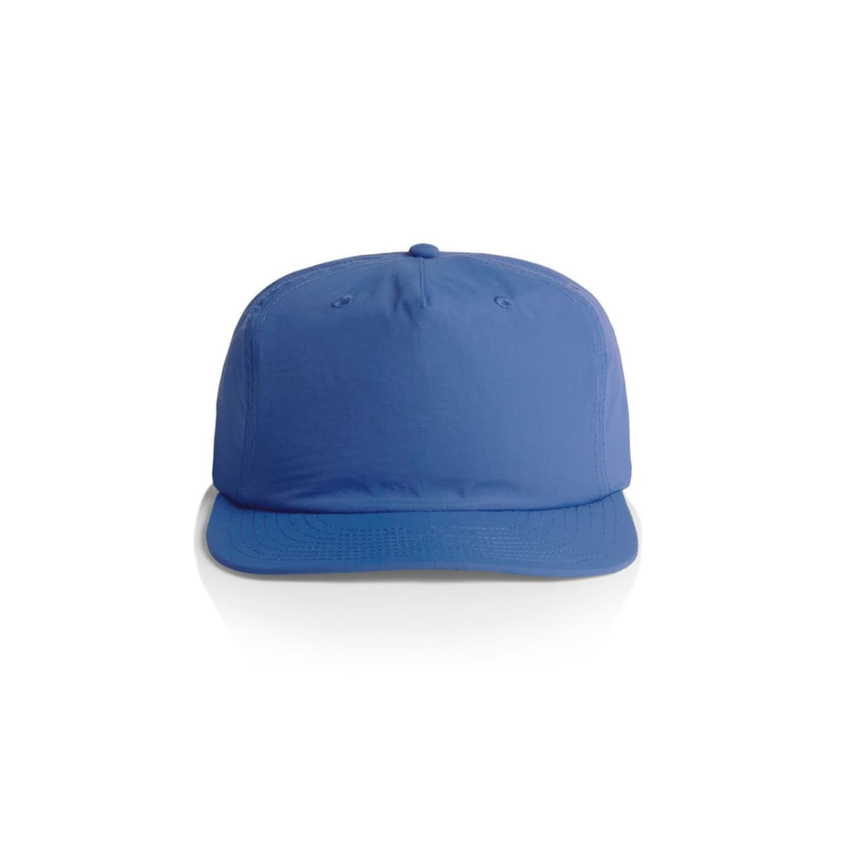 A blue cap with a flat brim and a logo on the front. It features ventilation holes on the top.