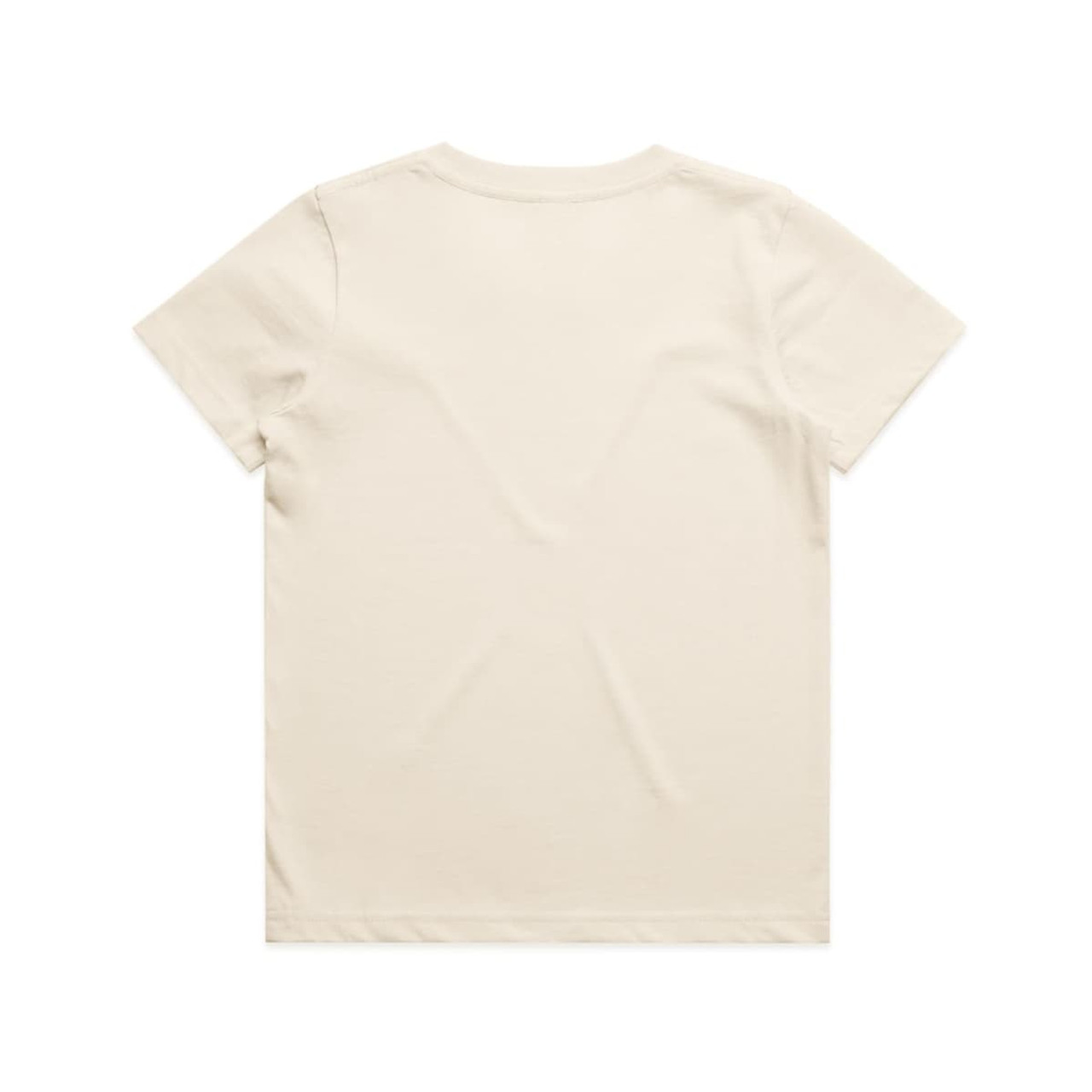 A plain cream-coloured kids' T-shirt featuring a back view with short sleeves and a branding logo. A plain cream-coloured kids' T-shirt featuring a back view with short sleeves and a branding logo.