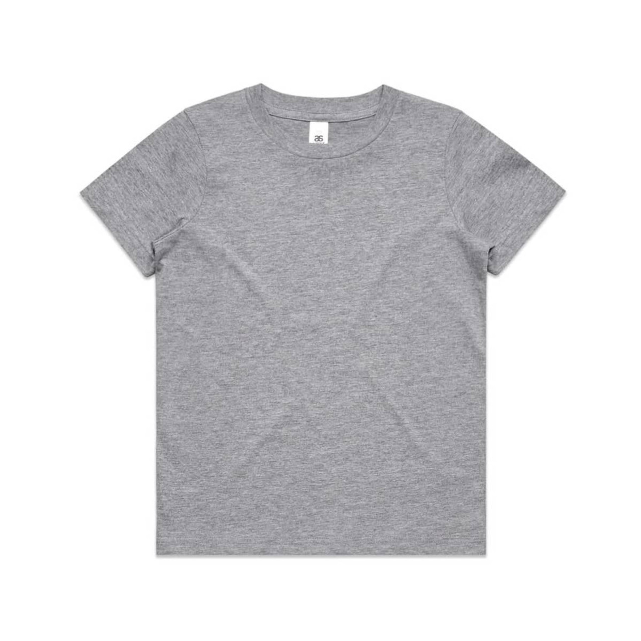 A grey kids' staple tee with a round neckline and short sleeves. It features a tag at the collar. A grey kids' staple tee with a round neckline and short sleeves. It features a tag at the collar.