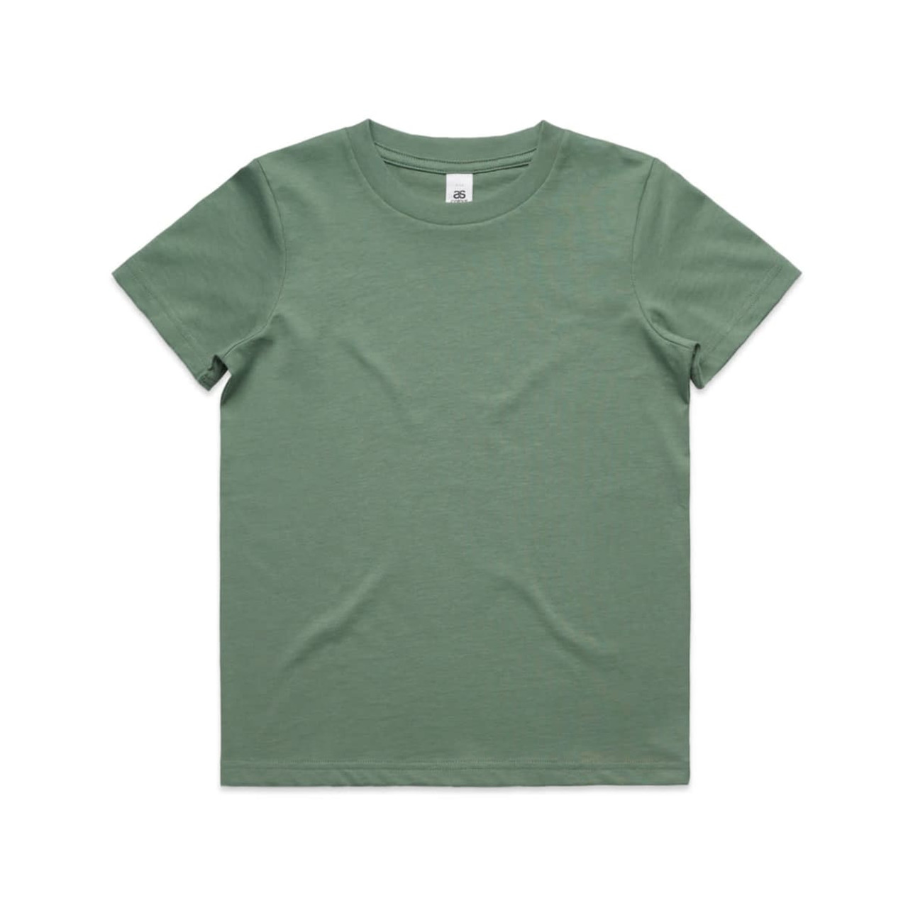 A green kids' staple tee with a classic crew neck design and a label inside the neckline. A green kids' staple tee with a classic crew neck design and a label inside the neckline.