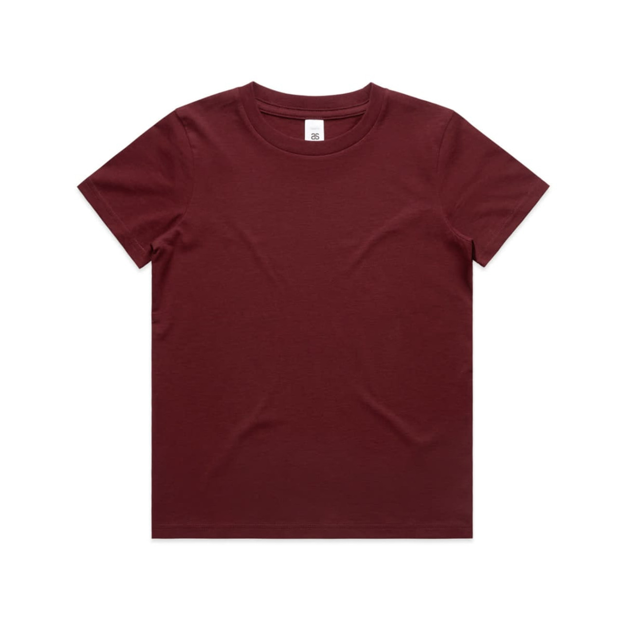 A maroon kids' T-shirt featuring a crew neck and short sleeves, with a label inside the neckline. A maroon kids' T-shirt featuring a crew neck and short sleeves, with a label inside the neckline.