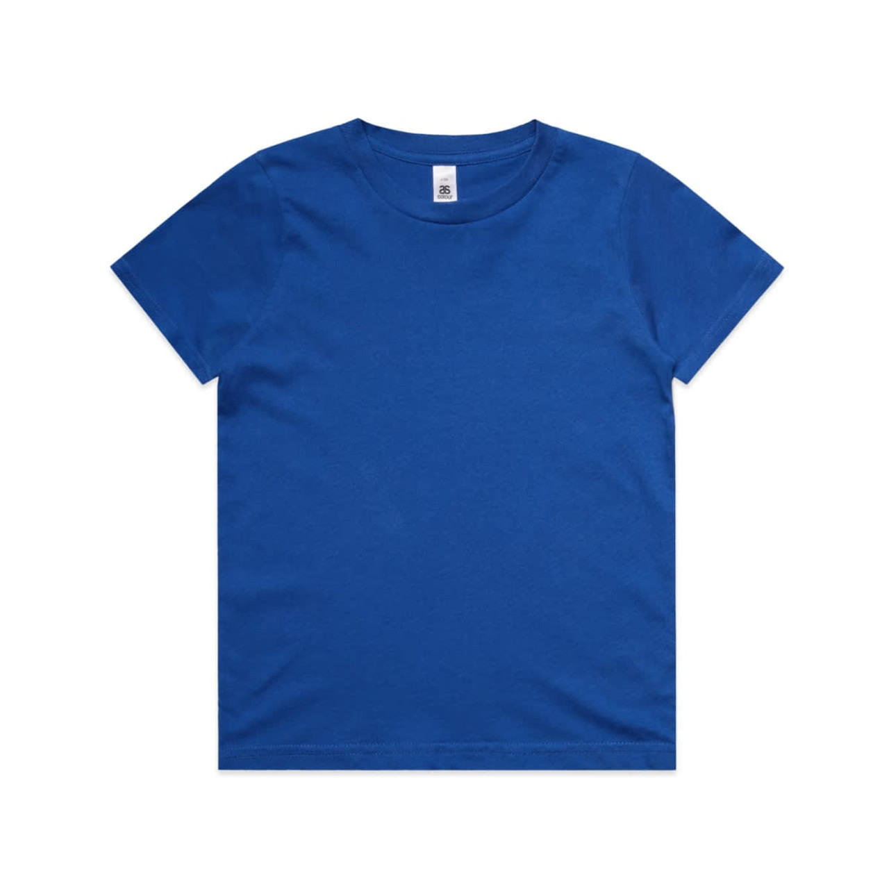 A blue children's t-shirt with a round neckline and short sleeves, featuring a branding label inside. A blue children's t-shirt with a round neckline and short sleeves, featuring a branding label inside.
