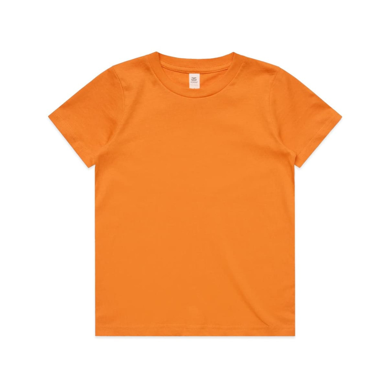An orange Youth Staple Tee featuring a classic crew neck and short sleeves, accompanied by a logo. An orange Youth Staple Tee featuring a classic crew neck and short sleeves, accompanied by a logo.