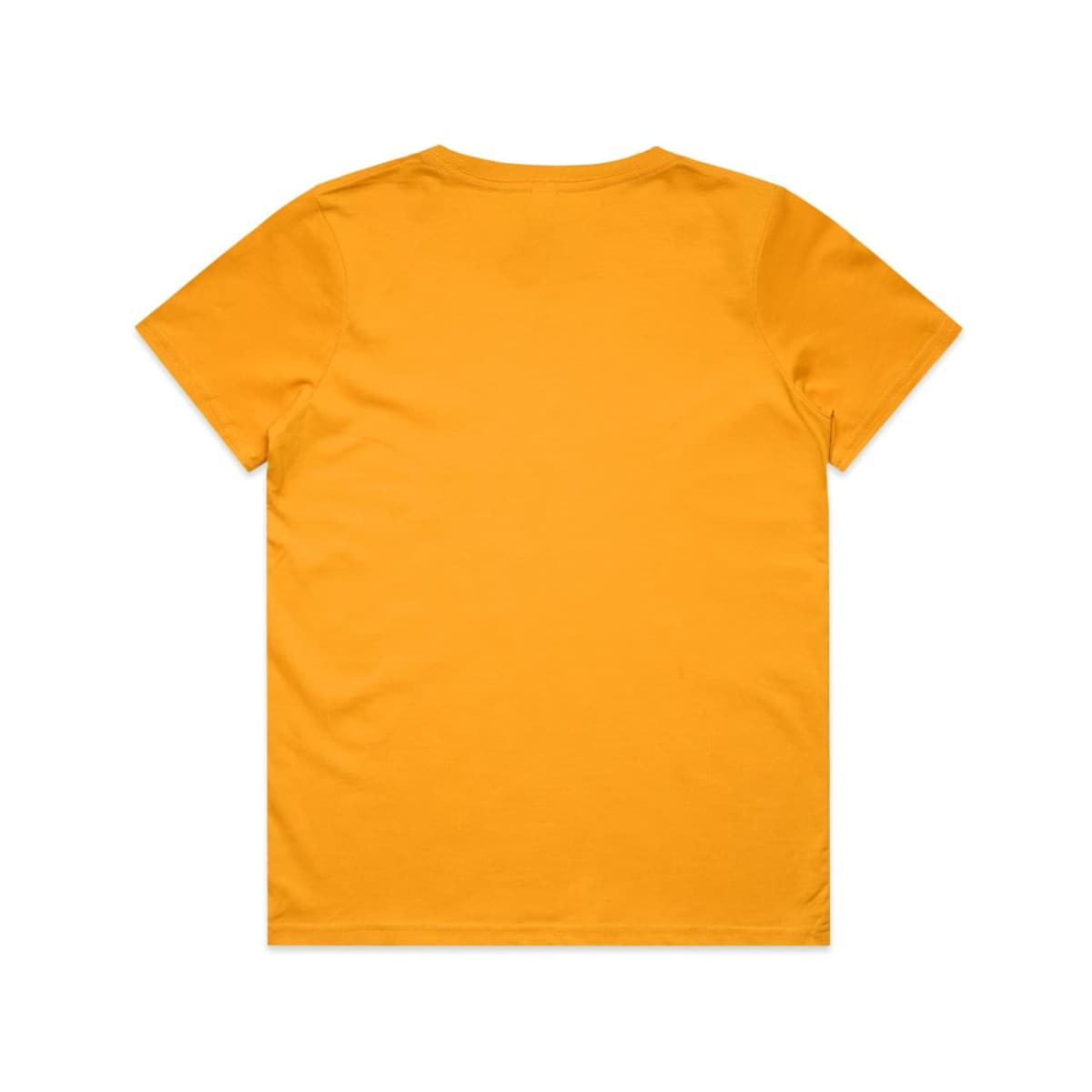 A yellow kids' T-shirt featuring short sleeves and a plain back. It has a logo on one side.