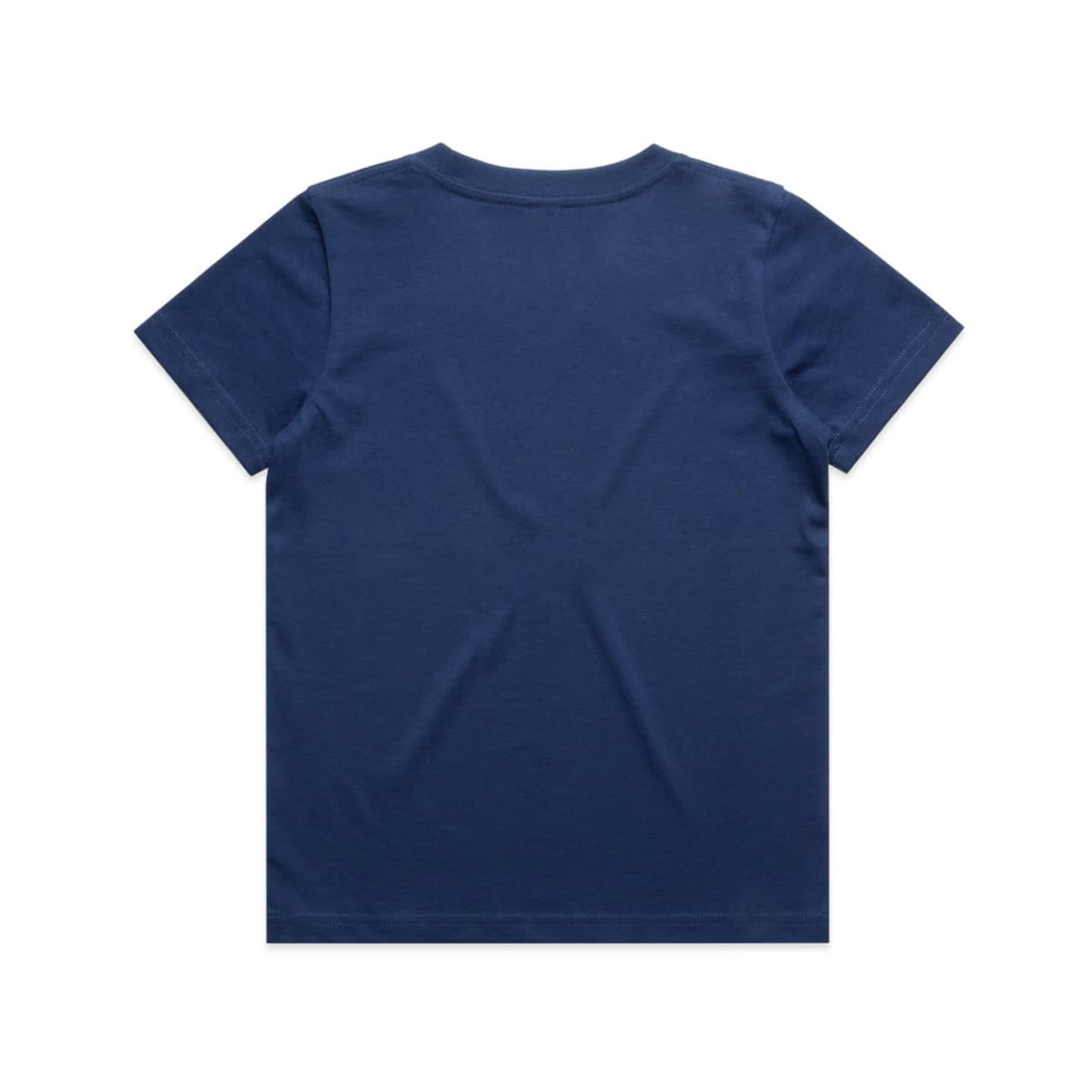A navy blue Kids Staple Tee with a simple design and a brand logo on the back. A navy blue Kids Staple Tee with a simple design and a brand logo on the back.