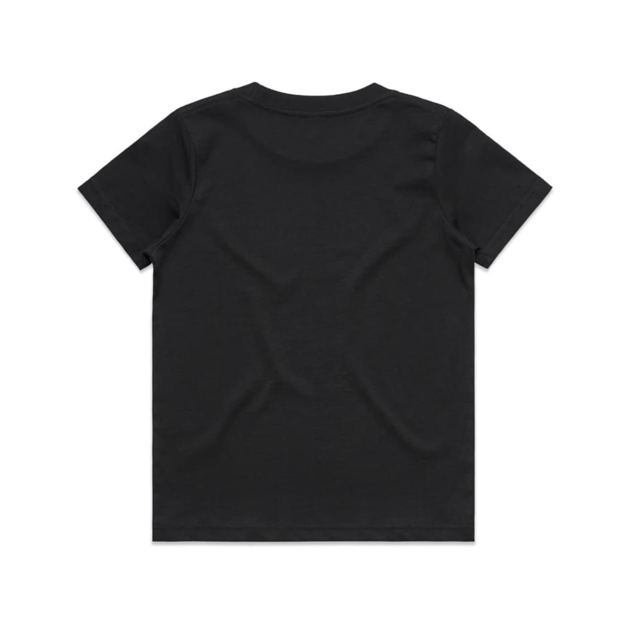 A black kids' T-shirt featuring a plain back design and a small logo. A black kids' T-shirt featuring a plain back design and a small logo.