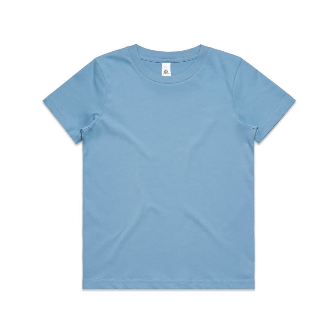 A light blue youth t-shirt with a round neck and short sleeves, featuring a label but no visible logo. A light blue youth t-shirt with a round neck and short sleeves, featuring a label but no visible logo.