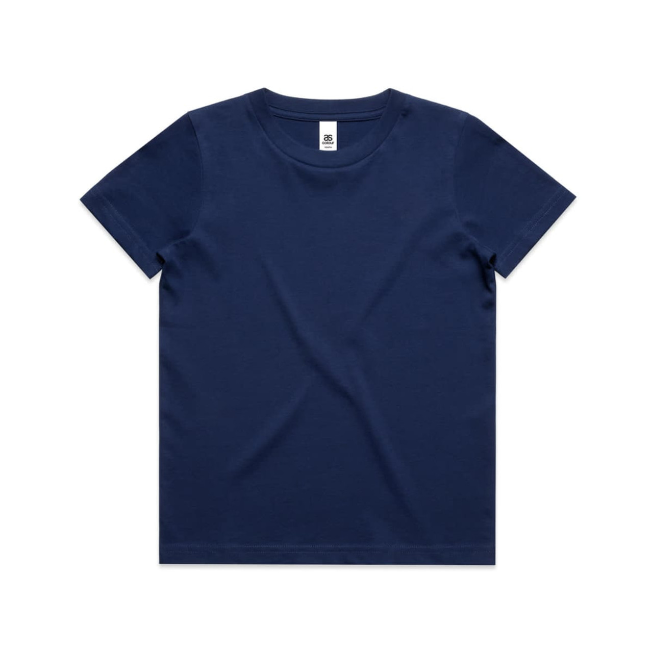A navy blue youth t-shirt with a round neckline and short sleeves. It features a tag inside and has a logo. A navy blue youth t-shirt with a round neckline and short sleeves. It features a tag inside and has a logo.