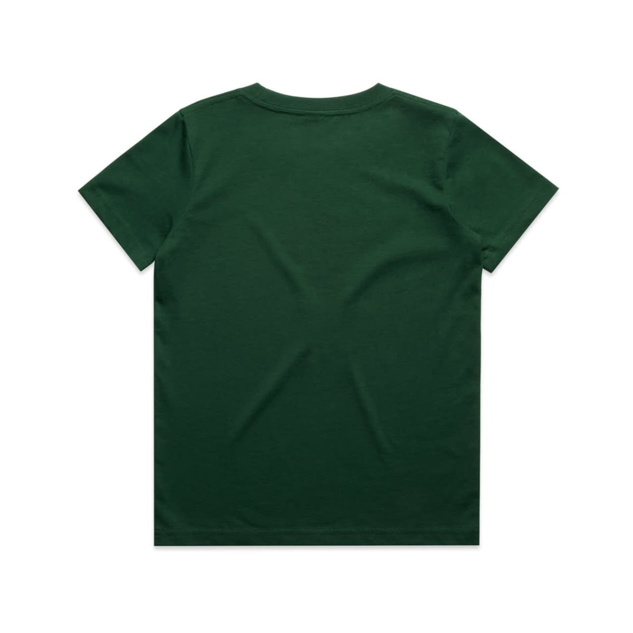 A green kids' staple tee with a plain back design, featuring a logo on the label. A green kids' staple tee with a plain back design, featuring a logo on the label.