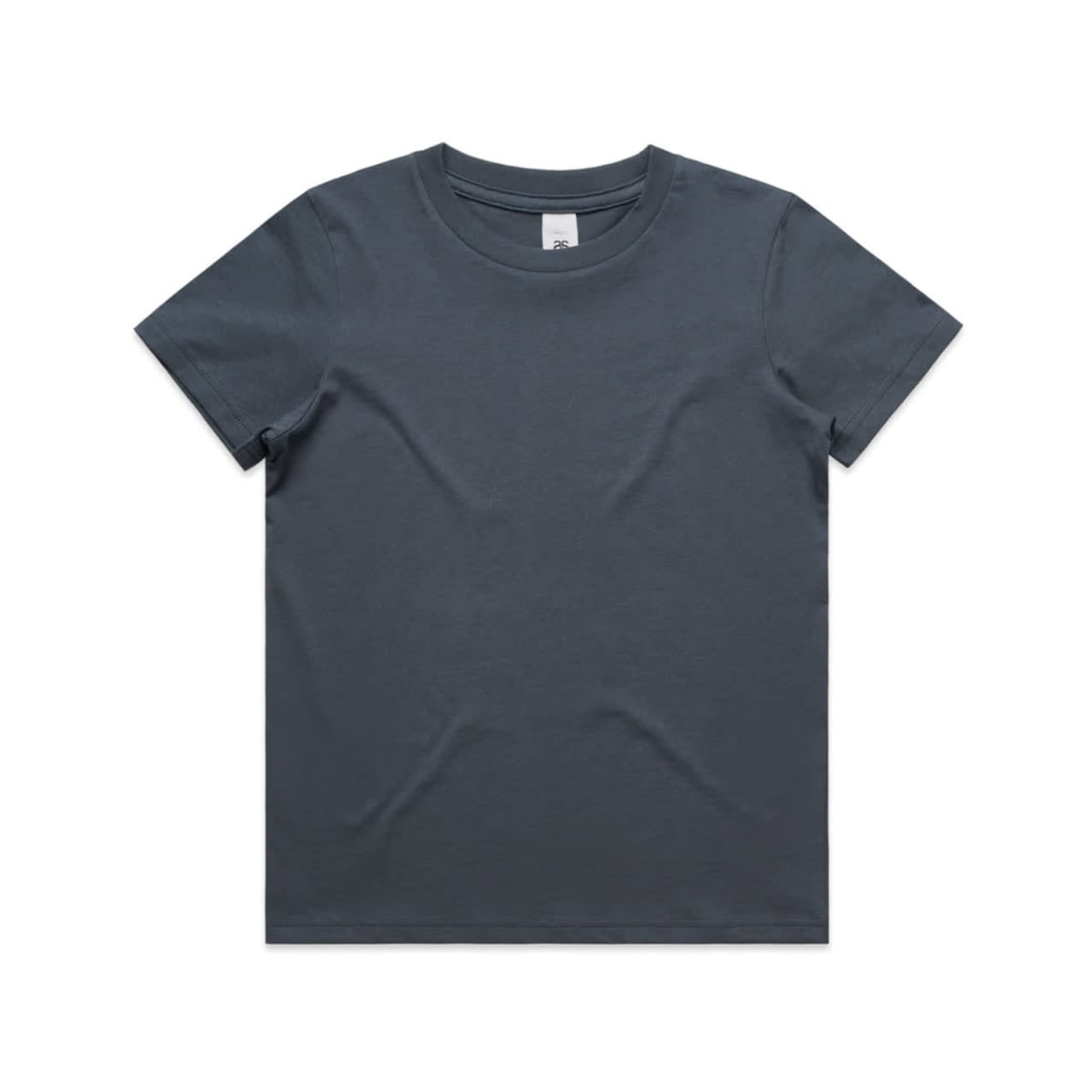 A kids' t-shirt in a dark blue-grey colour, featuring a plain design and a tag inside. It has a logo on the label. A kids' t-shirt in a dark blue-grey colour, featuring a plain design and a tag inside. It has a logo on the label.