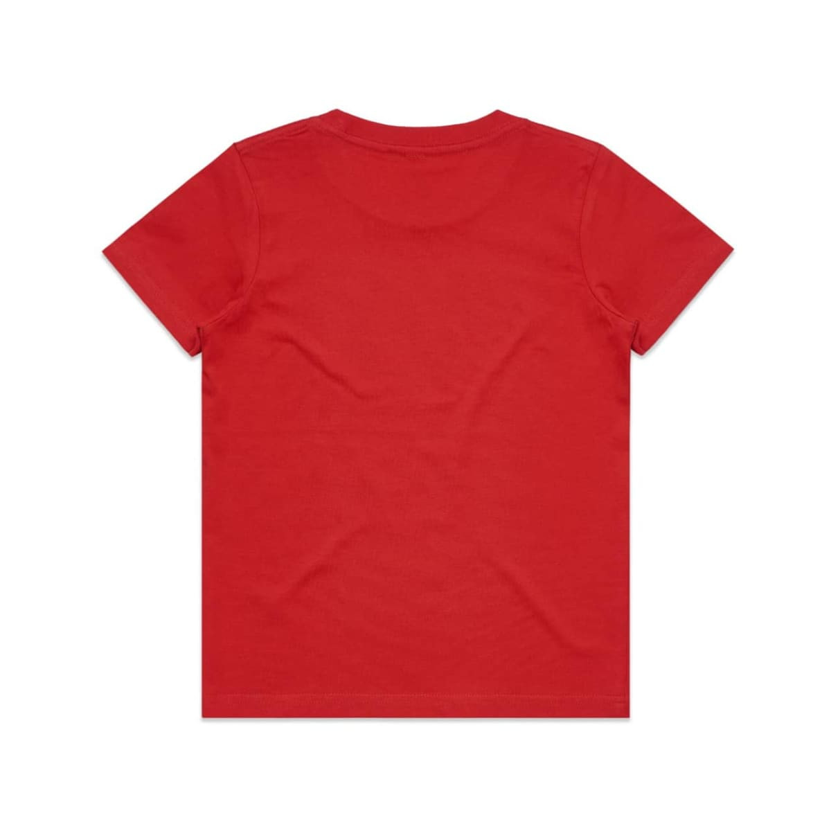 A red kids' t-shirt featuring a plain design and a logo on the back.