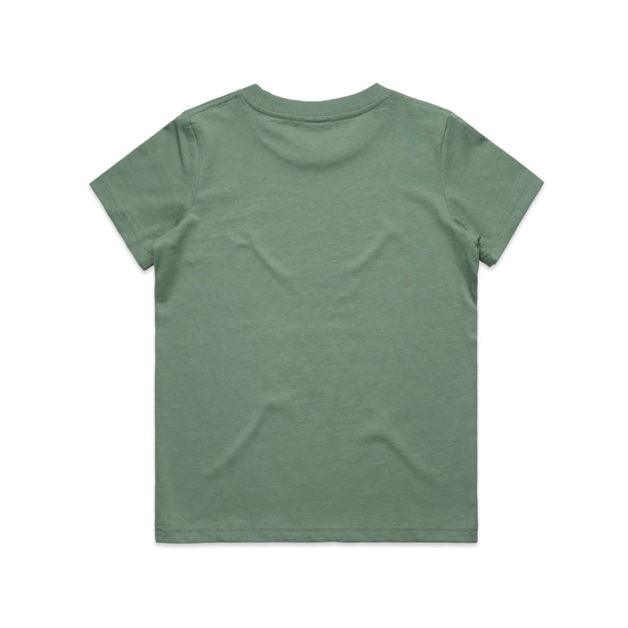 A kids' staple tee in a soft green colour, featuring a plain back design. It has a simple, comfortable cut. A kids' staple tee in a soft green colour, featuring a plain back design. It has a simple, comfortable cut.