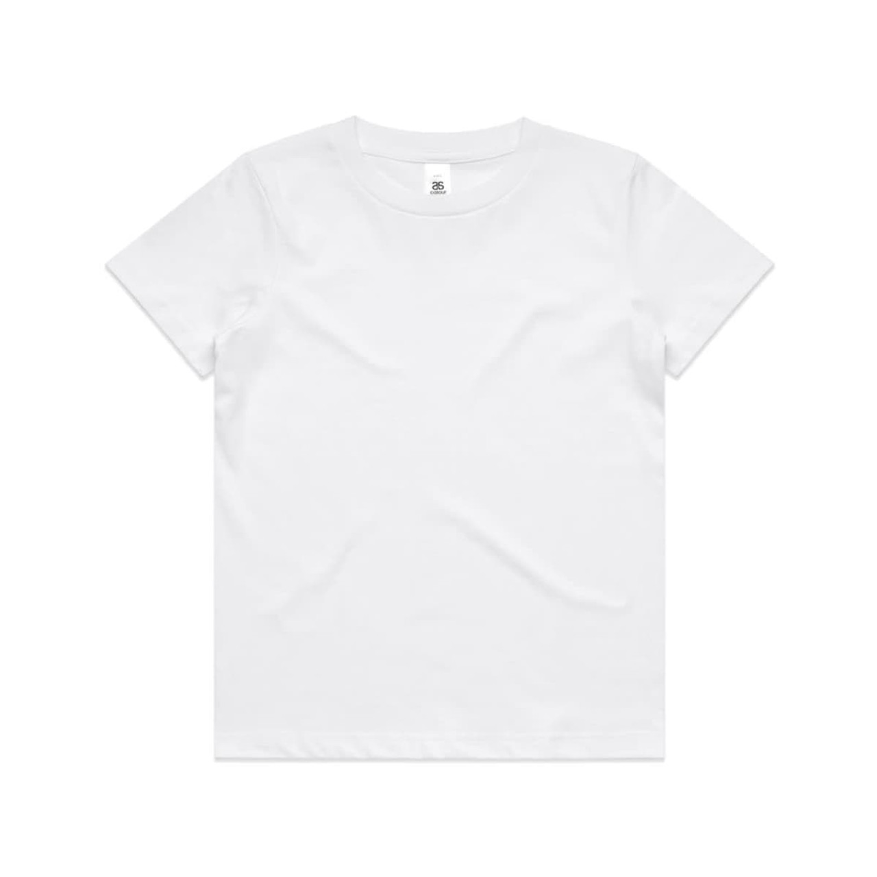 A white kids' staple tee shirt with a simple design and a logo on the label. A white kids' staple tee shirt with a simple design and a logo on the label.