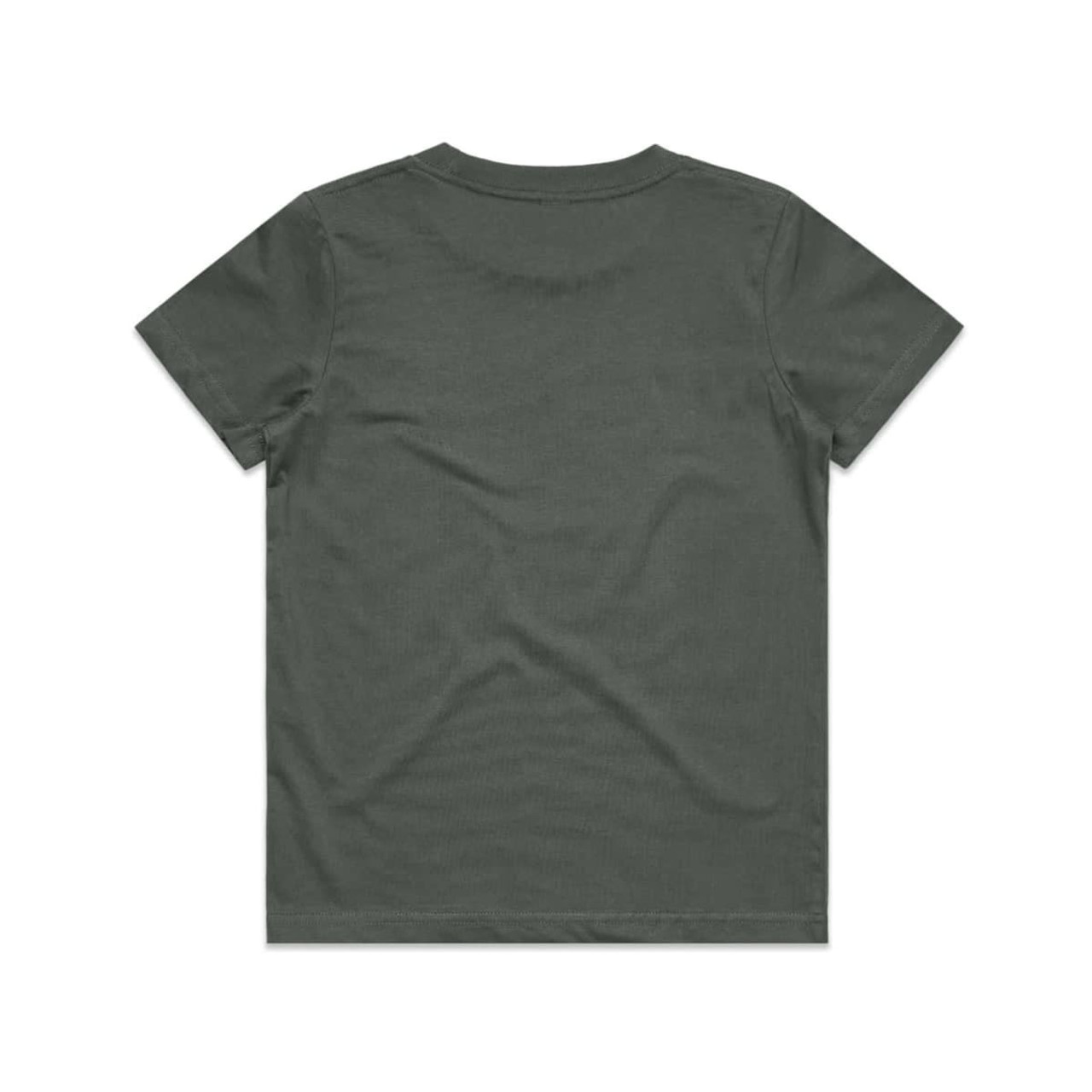 A green youth t-shirt with a classic short-sleeve design and a plain back. It features a logo on the label. A green youth t-shirt with a classic short-sleeve design and a plain back. It features a logo on the label.