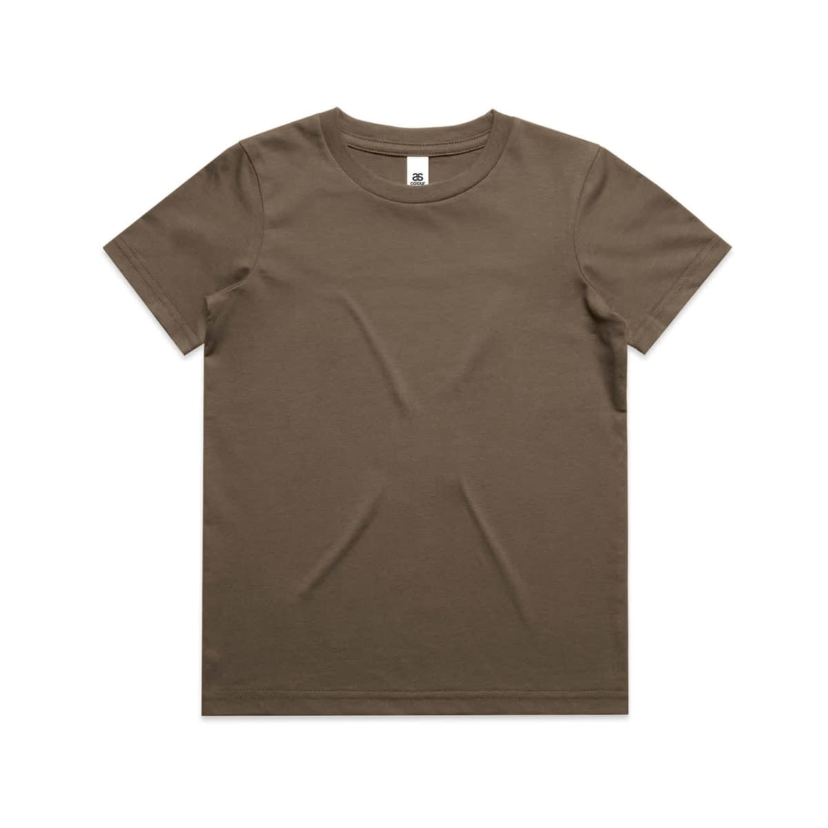 A brown youth staple tee with a classic crew neck and short sleeves, featuring a logo on the label.
