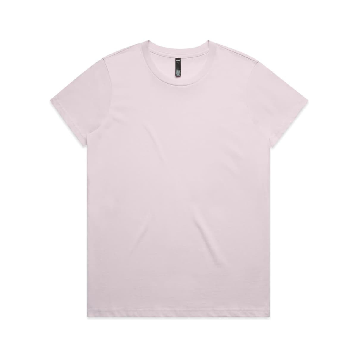 A light pink t-shirt featuring a simple design and a logo on the label.
