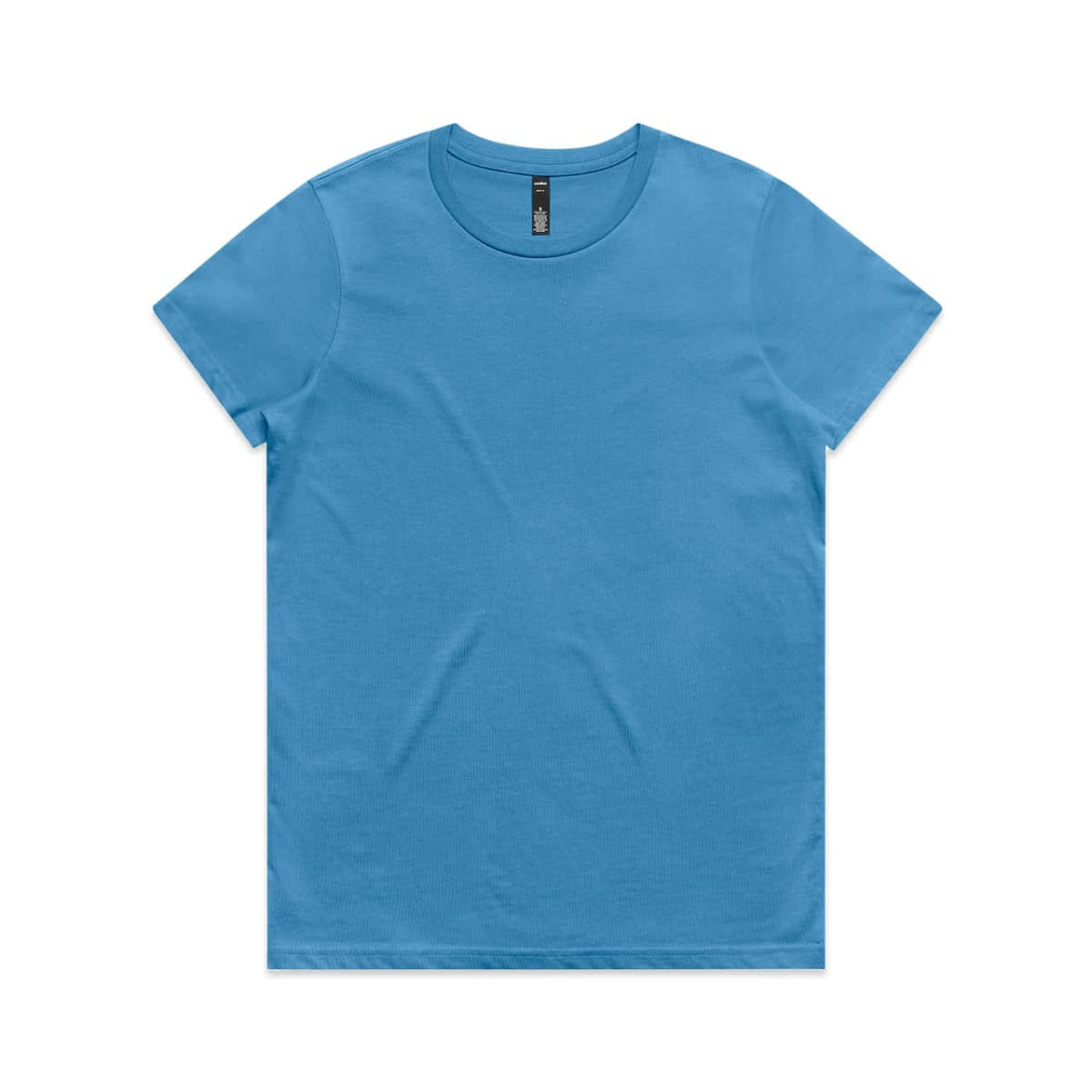A blue t-shirt with a crew neck and short sleeves, featuring a branding label.