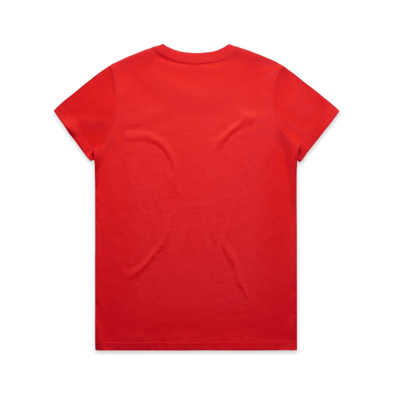 A red T-shirt with a round neckline and short sleeves, featuring a logo on the back.
