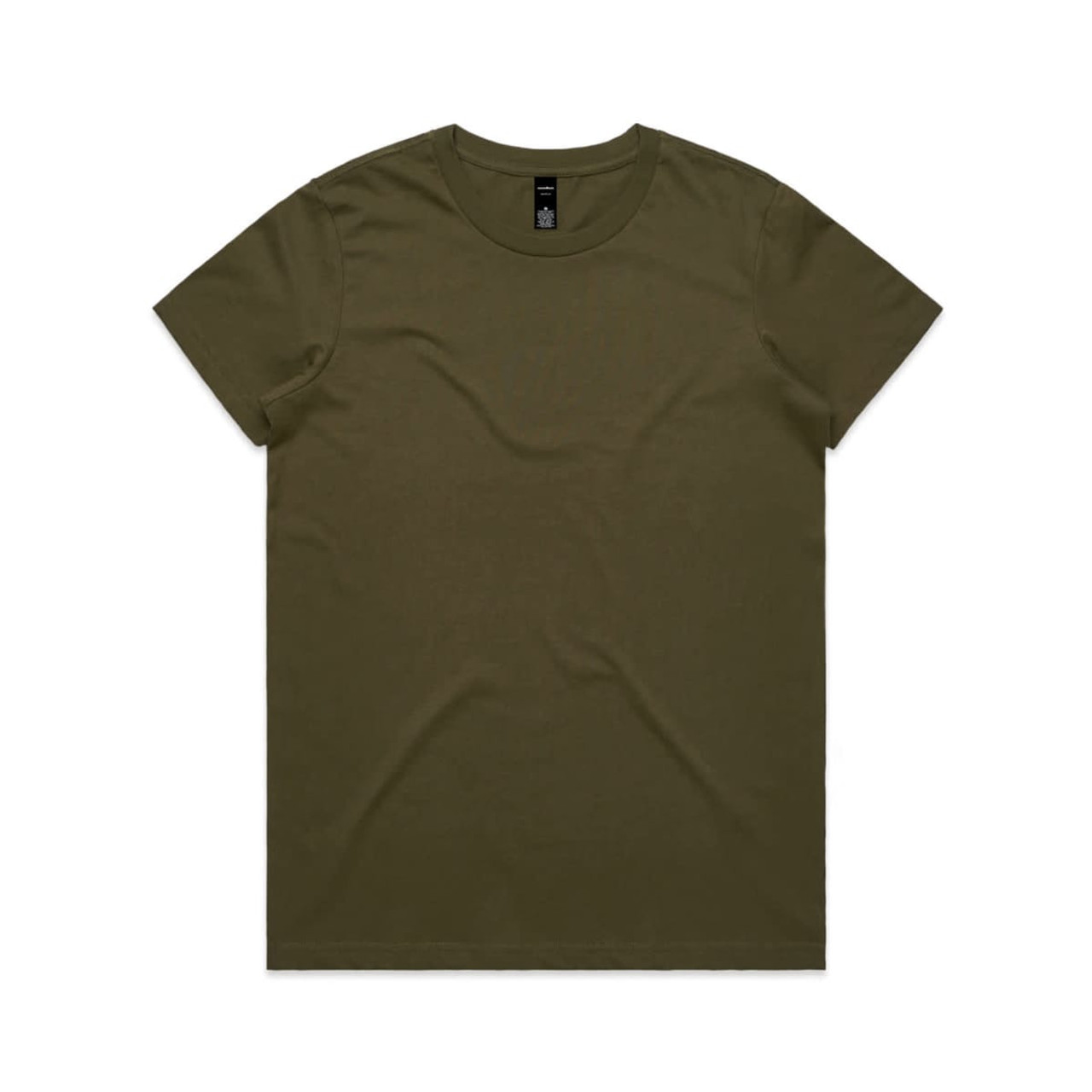 An olive green T-shirt featuring a round neck and short sleeves, with a logo on the label.