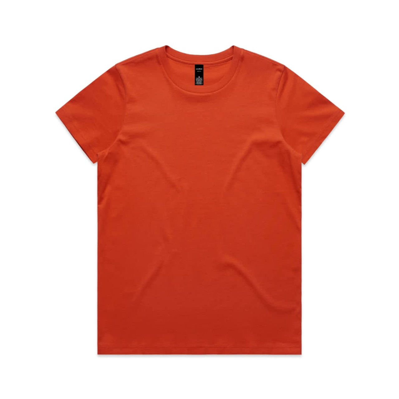 An orange t-shirt featuring a round neckline and short sleeves, with a label at the neck.