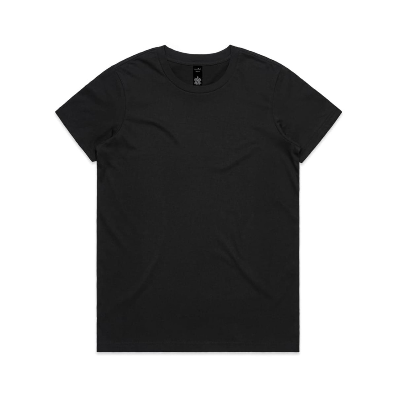 A black T-shirt featuring a round neckline and short sleeves, with a brand logo inside the collar.