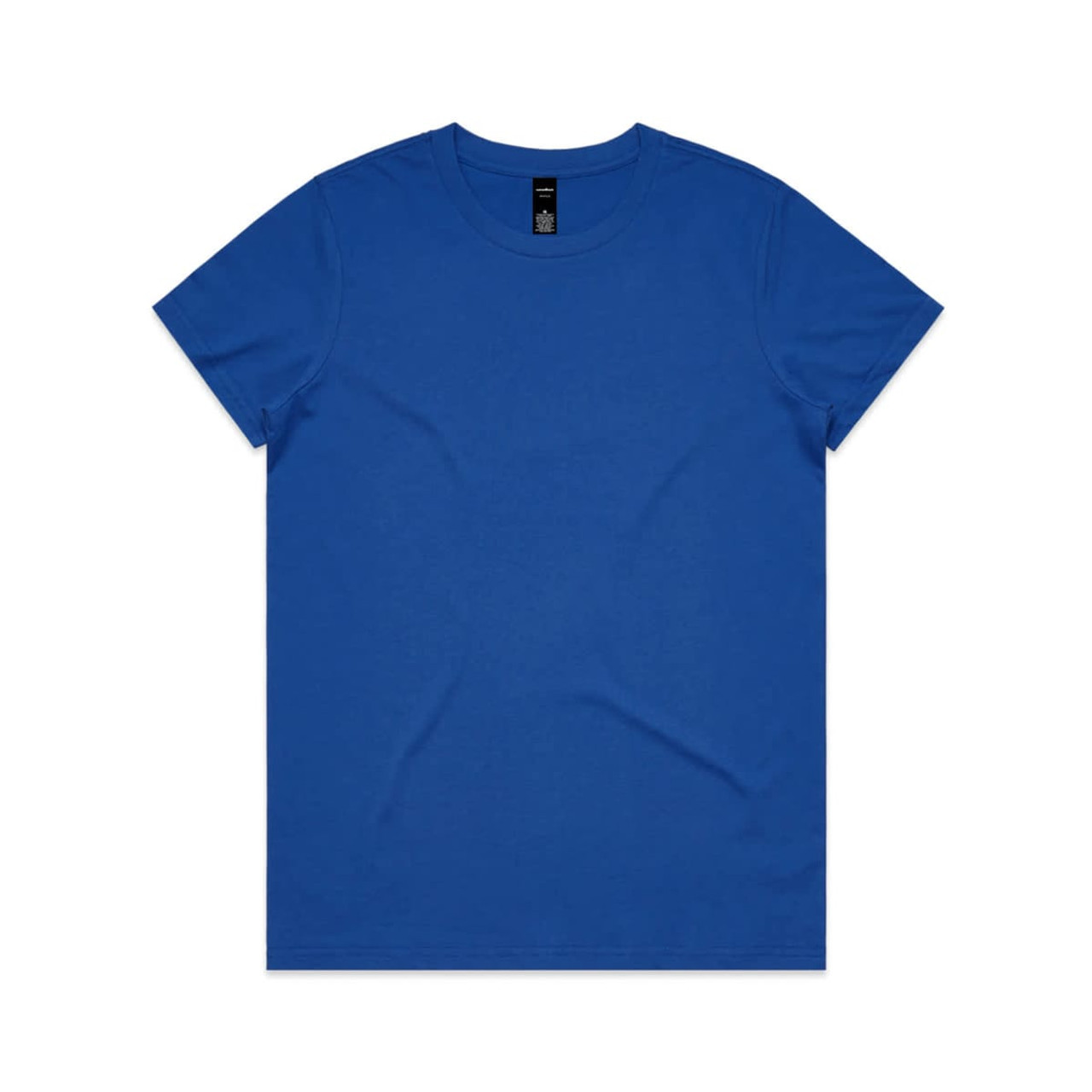 A blue T-shirt featuring a simple design and a logo on the label.