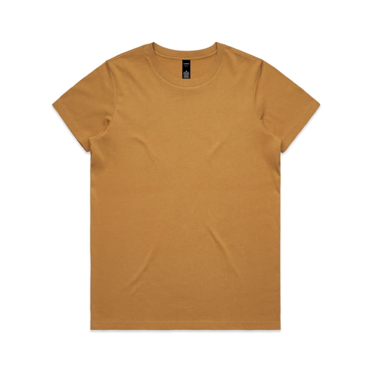 A short-sleeved, mustard yellow T-shirt with a simple design and a small logo on the tag.