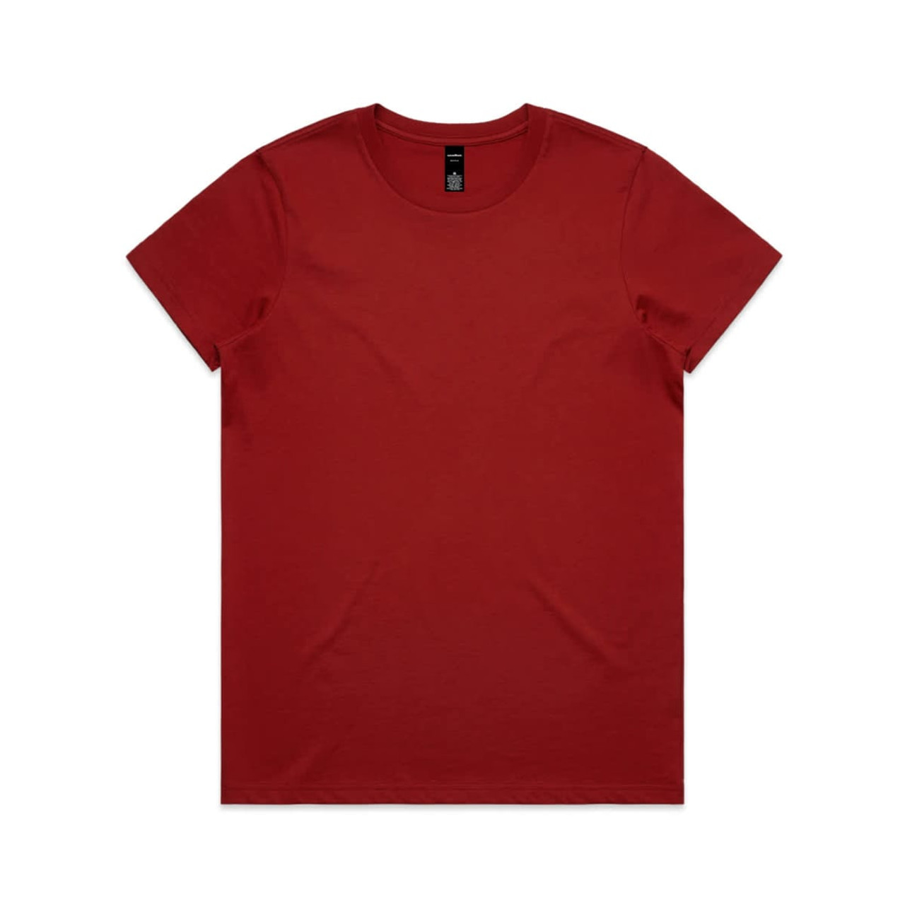 A red T-shirt featuring a round neckline and short sleeves, with a branding label on the inside.