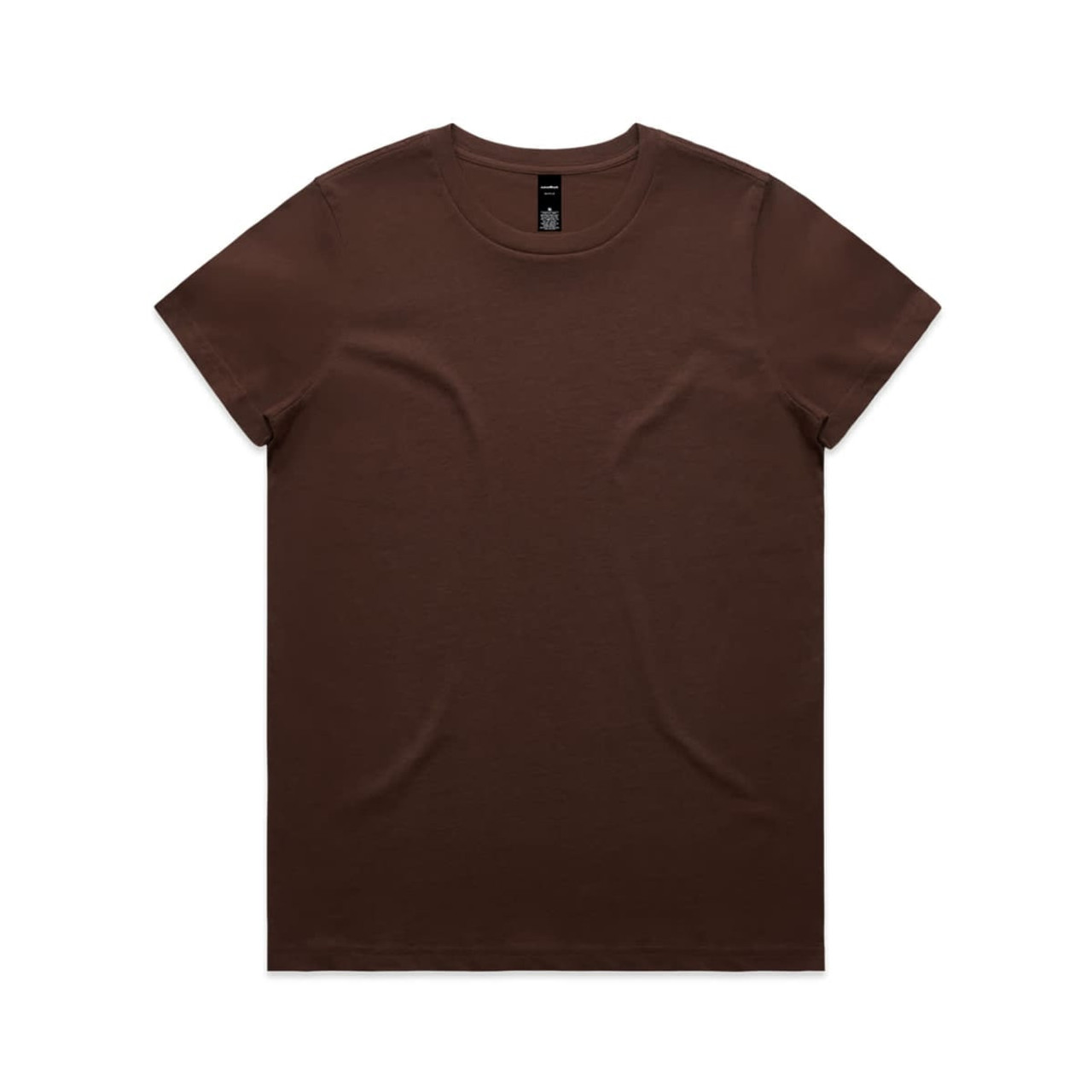 A brown T-shirt laid flat, featuring a simple design and a label at the neckline.