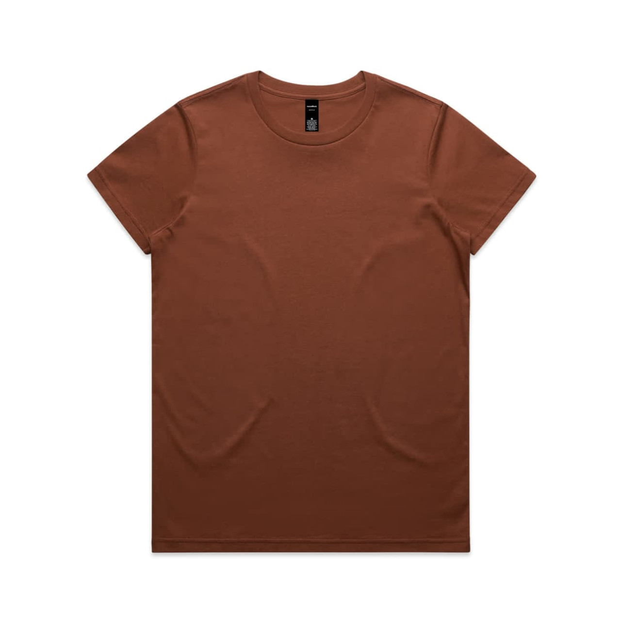 A brown t-shirt with a round neck and short sleeves, featuring a logo at the neckline.