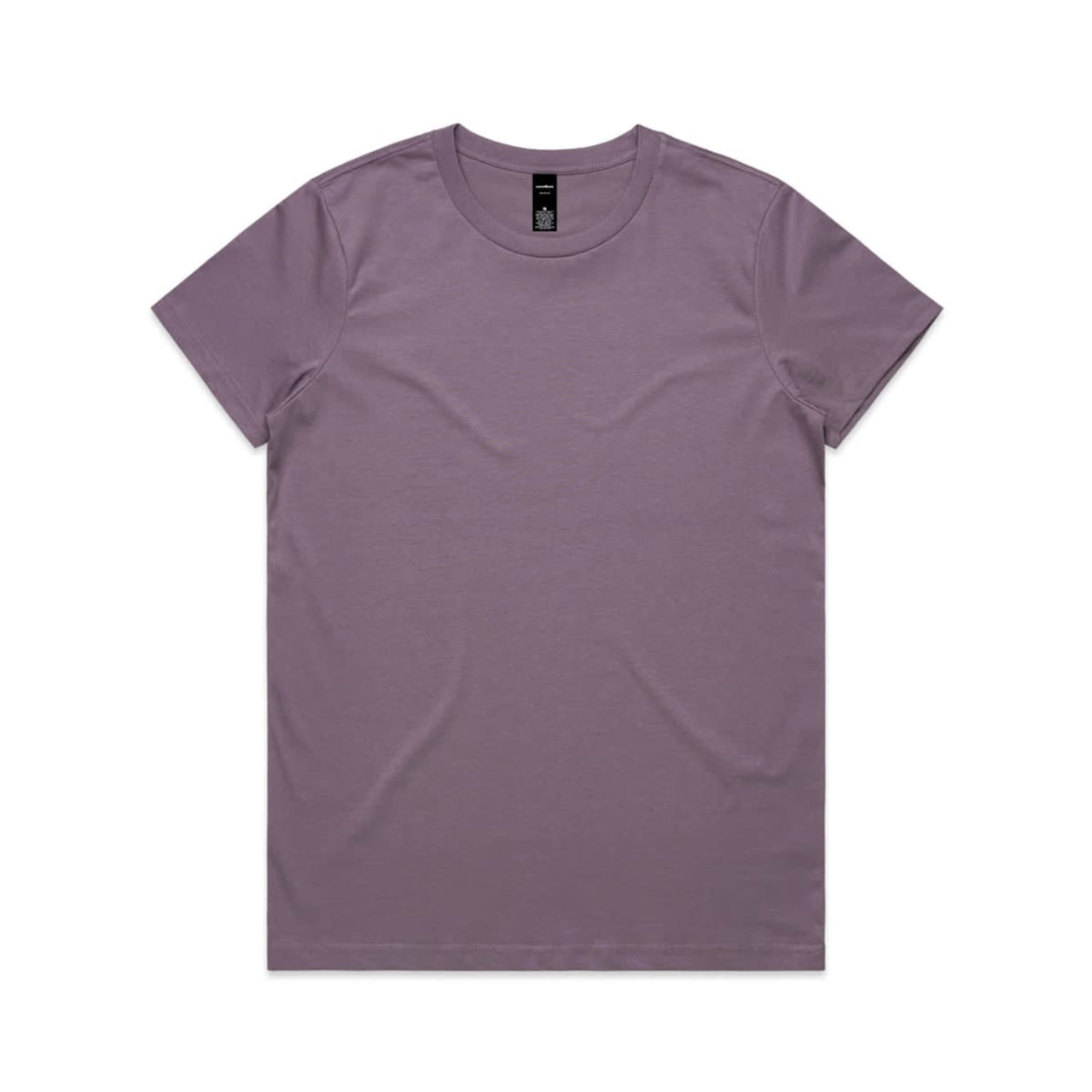 A purple t-shirt featuring a crew neck design and a label on the inside neckline.