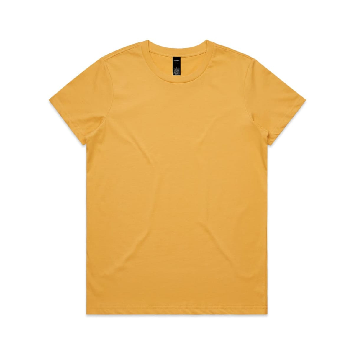 A plain yellow T-shirt with a round neckline and short sleeves, featuring a logo on the tag inside.