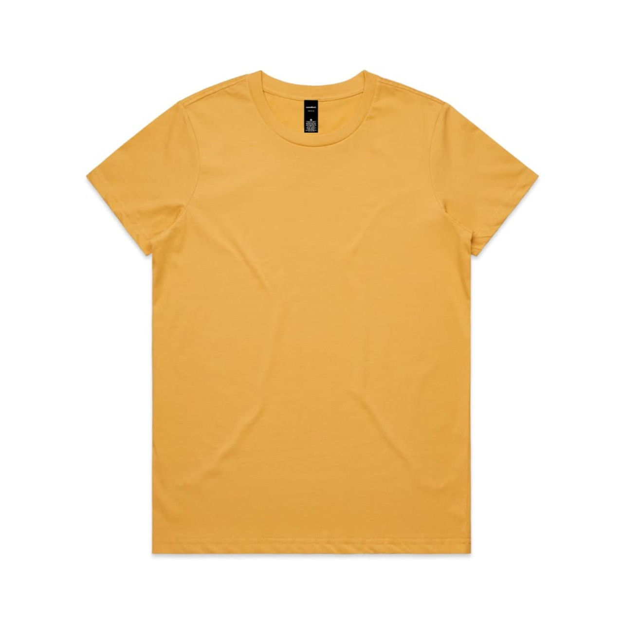 A plain yellow T-shirt with a round neckline and short sleeves, featuring a logo on the tag inside.