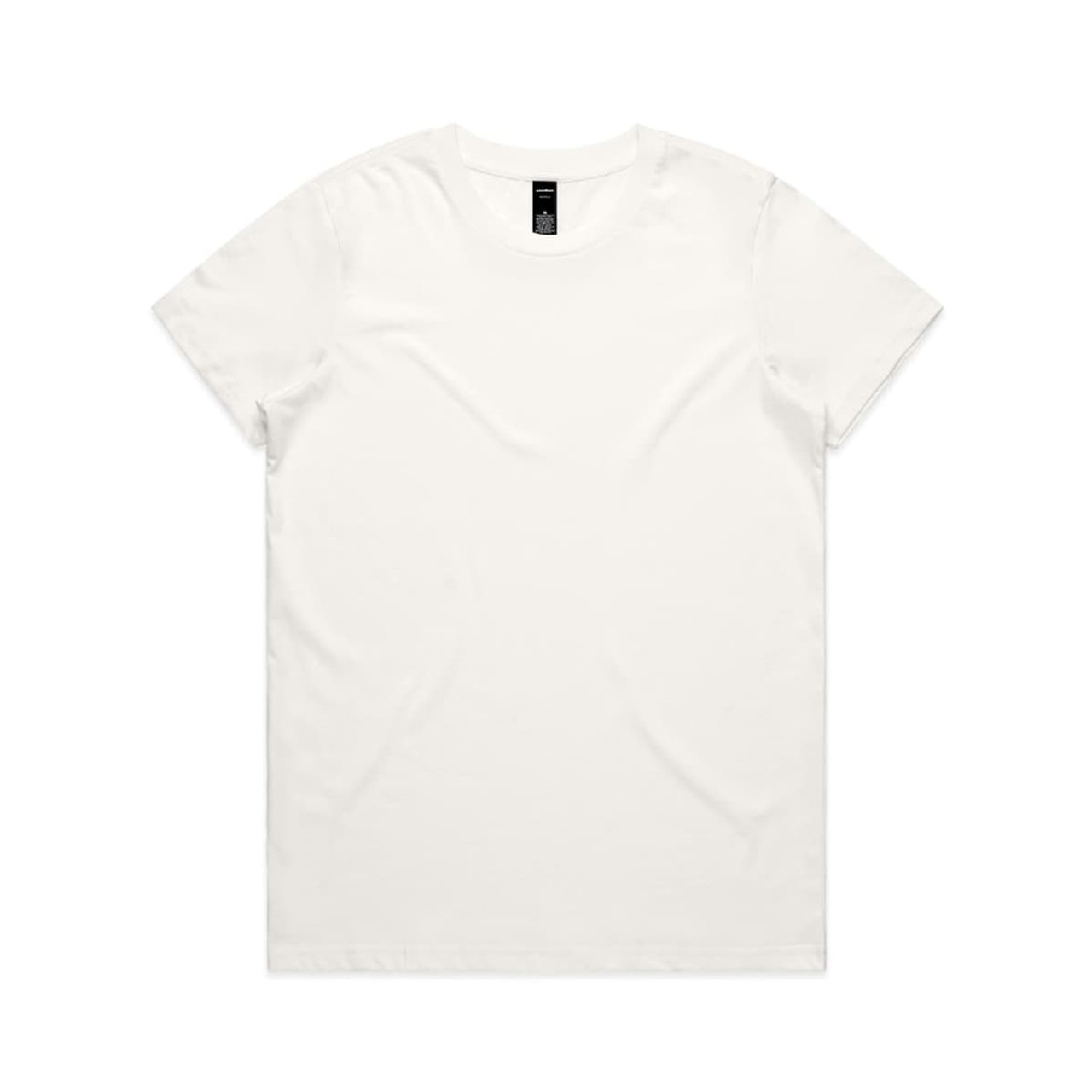 A plain white T-shirt with a round neckline and short sleeves. The shirt features a logo on the label.