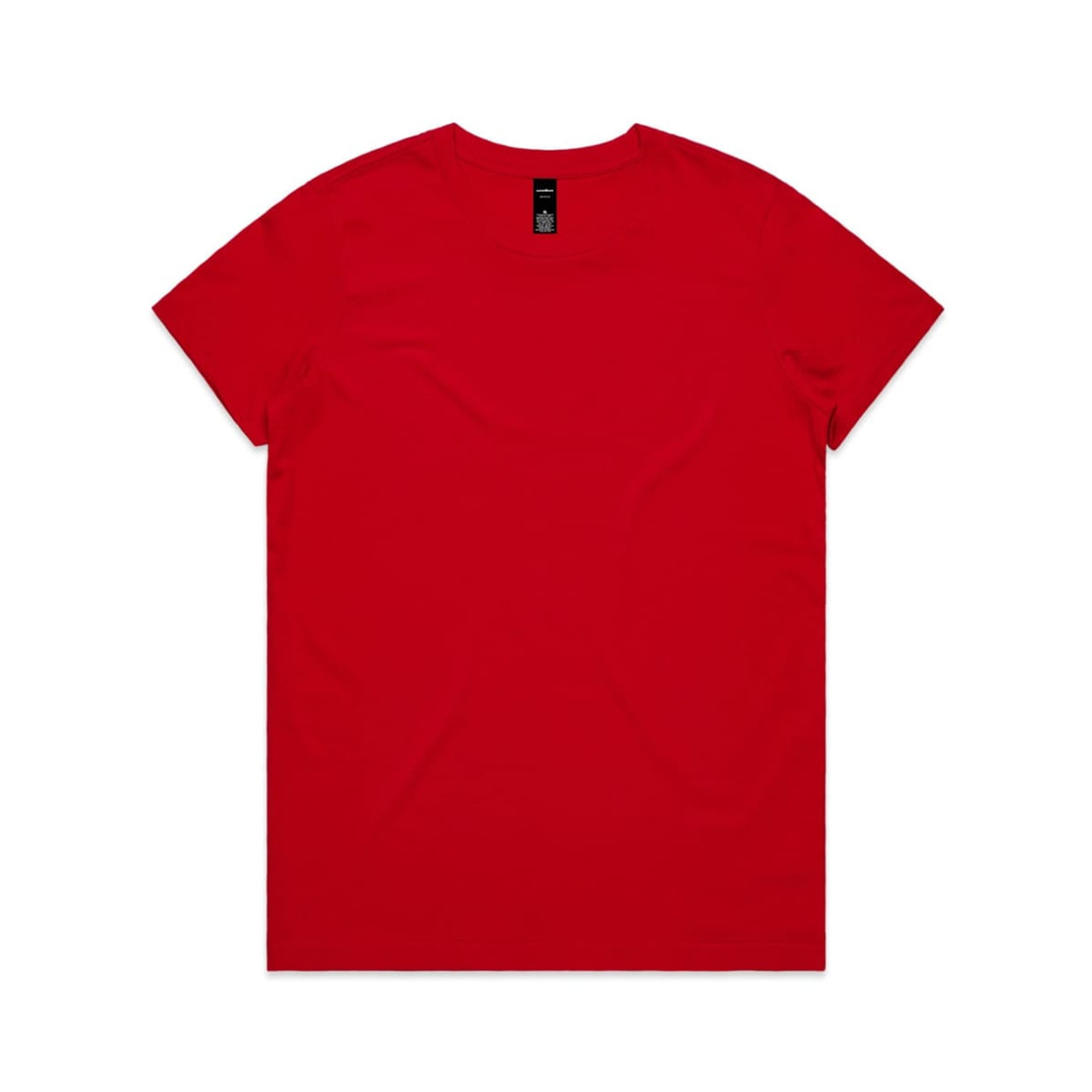 A red t-shirt featuring a simple crew neck design and a branding label at the neckline.
