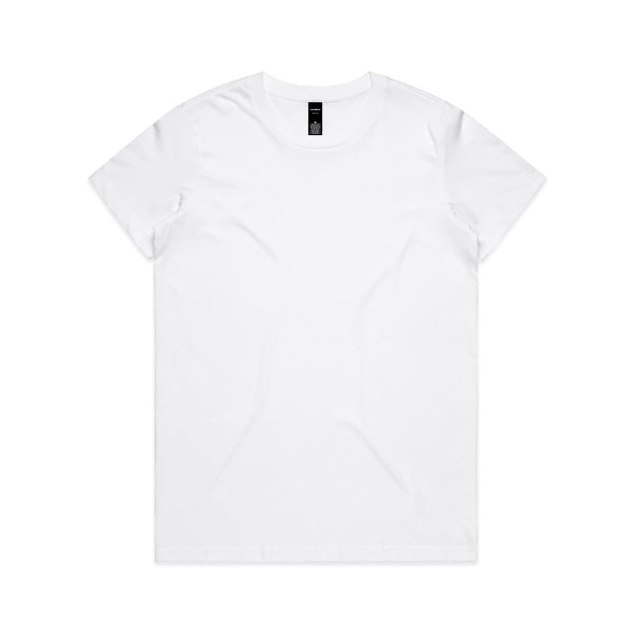 A plain white T-shirt with a round neckline and short sleeves, featuring a logo on the label.