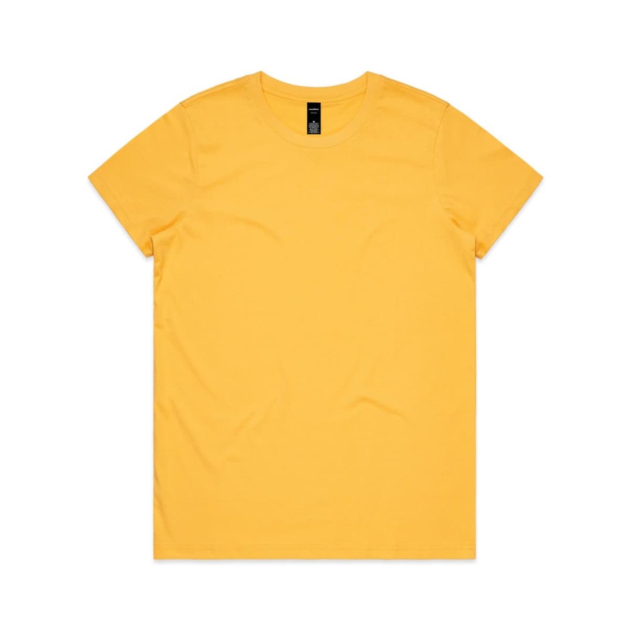 A yellow t-shirt with a round neckline and short sleeves. It features a logo at the neck.