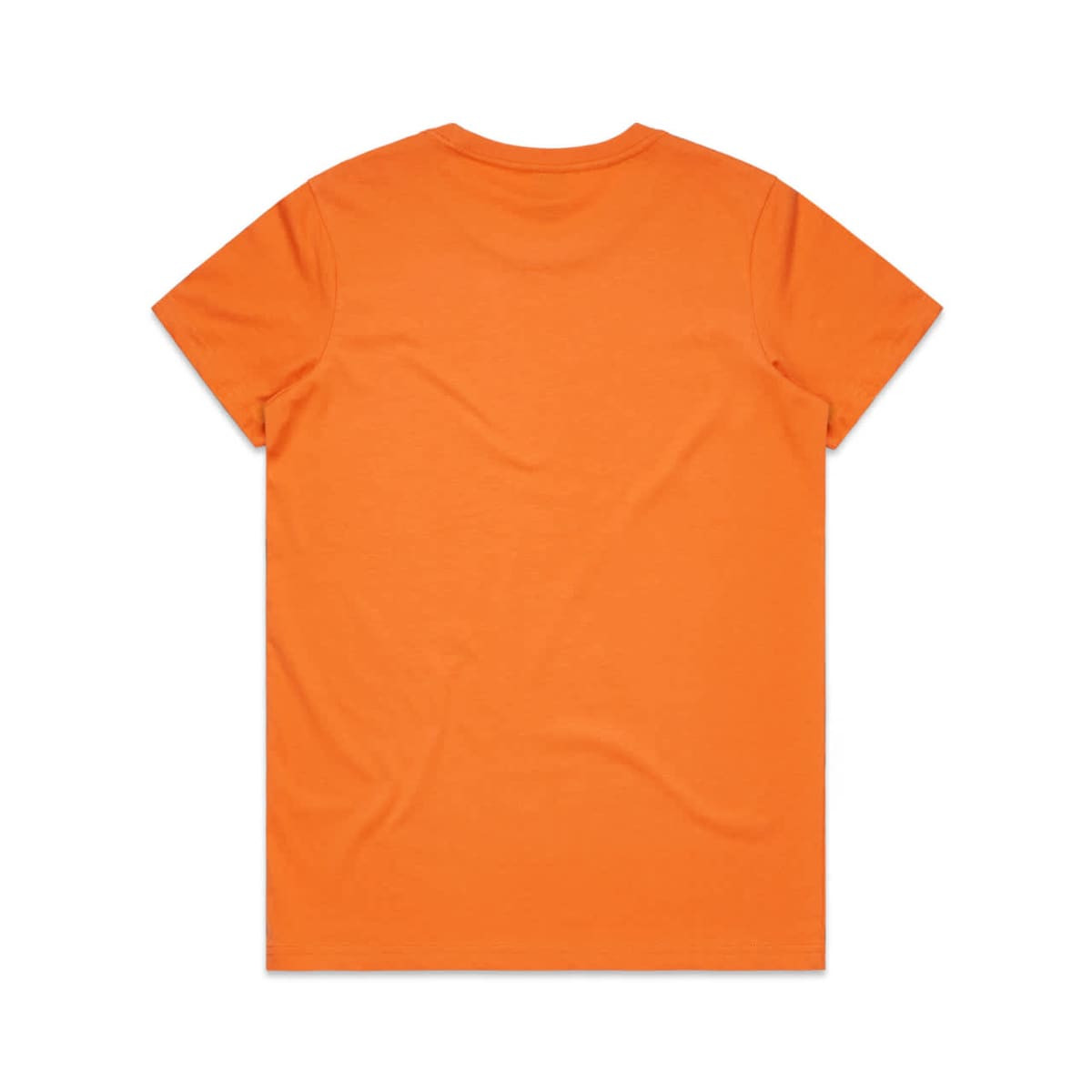 An orange T-shirt displayed flat, featuring a standard crew neck and short sleeves. The back is plain with no design.